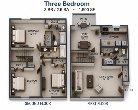 Floor plan for 3 beds, 2.5 baths, 1500 sqft